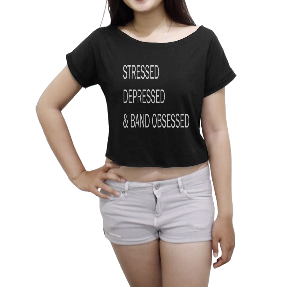 Black Graphic Cropped Top Featuring ‘Stressed Depressed & Band Obsessed’ Slogan and Bateau Neckline 