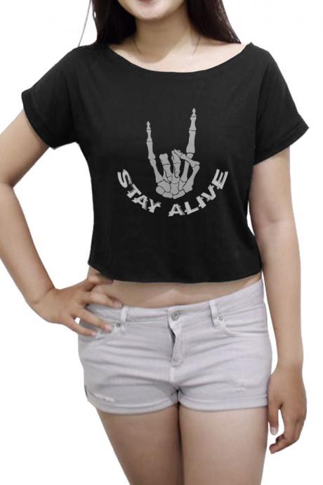 Metal Skull Women's Crop Top Stay Alive Shirt Rock Crop Tee Matal